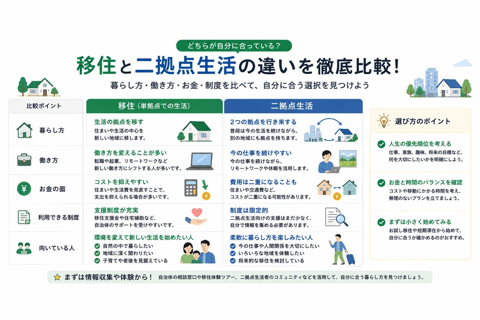 移住と二拠点生活の違いを比べた表の図。暮らし方、働き方、お金の面、利用できる制度、向いている人の5つの観点で並べ、移住は生活の拠点を移して働き方を変えることが多く、コストを抑えやすく支援制度が充実していること、二拠点生活は2つの拠点を行き来して今の仕事を続けやすい一方、費用が二重になることがあり制度は限定的であることを対比している。選び方のポイントとして、人生の優先順位を考える、お金と時間のバランスを確認、まずは小さく始めてみる、の3つを添えている
