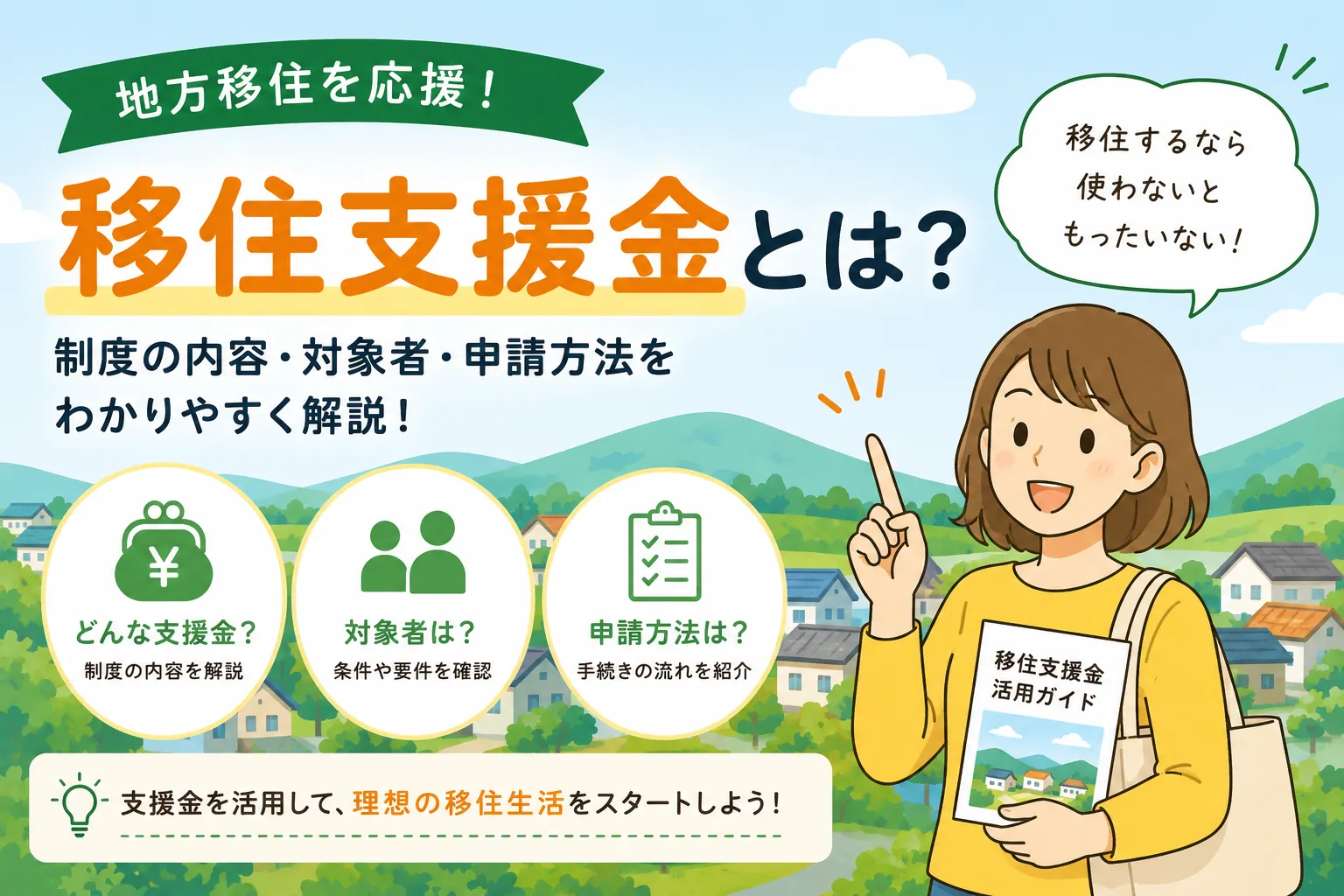 移住支援金の制度の内容・対象者・申請方法を解説することを示した図。どんな支援金か、対象者は誰か、申請方法はどうかの3つを並べ、活用ガイドを手にした人が説明している