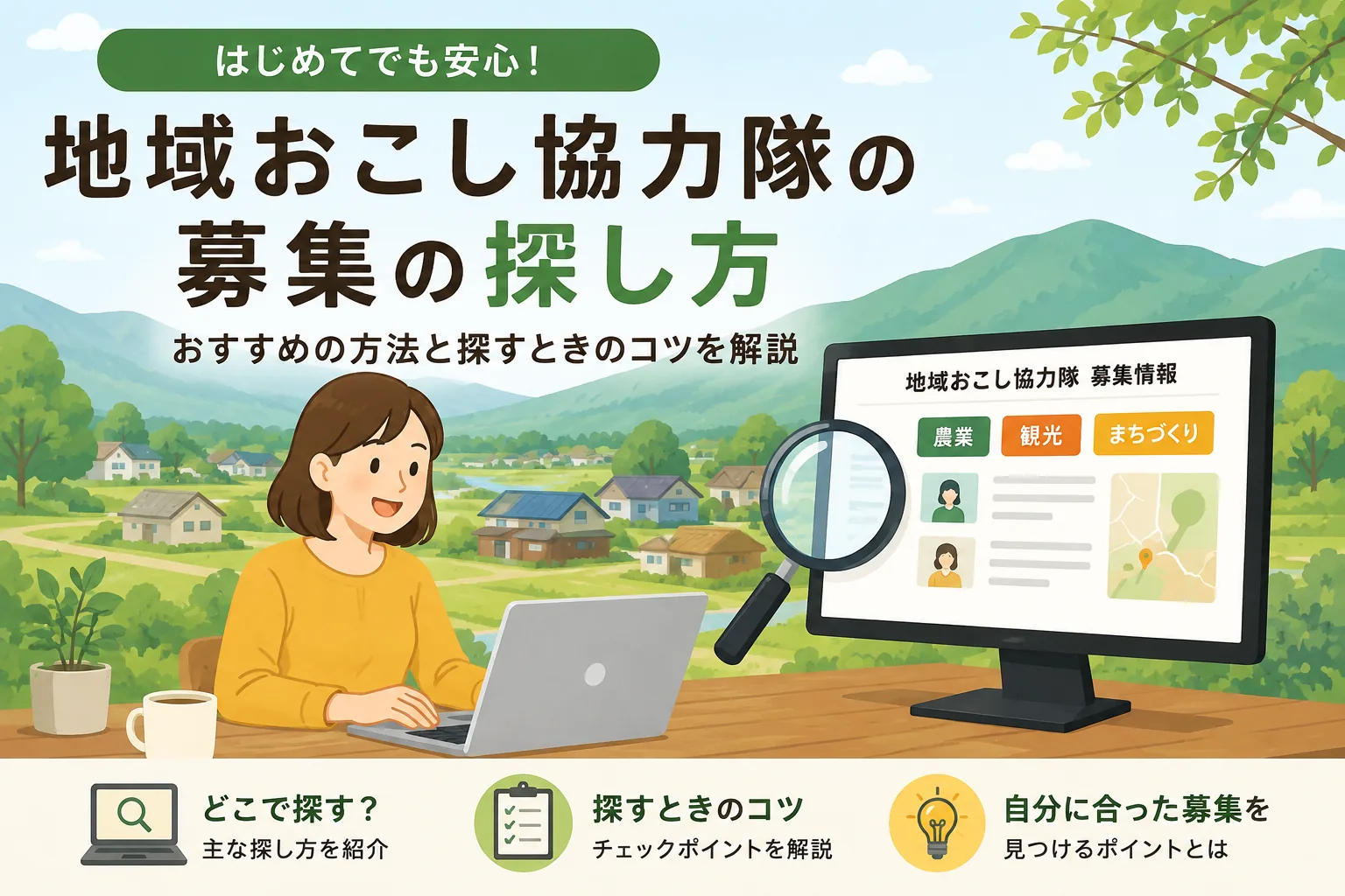 地域おこし協力隊の募集の探し方を解説することを示した図。どこで探すか、探すときのコツ、自分に合った募集を見つけるポイントの3つを挙げ、農業・観光・まちづくりといった分野で募集情報を絞り込む画面を虫眼鏡で見ている様子を描いている