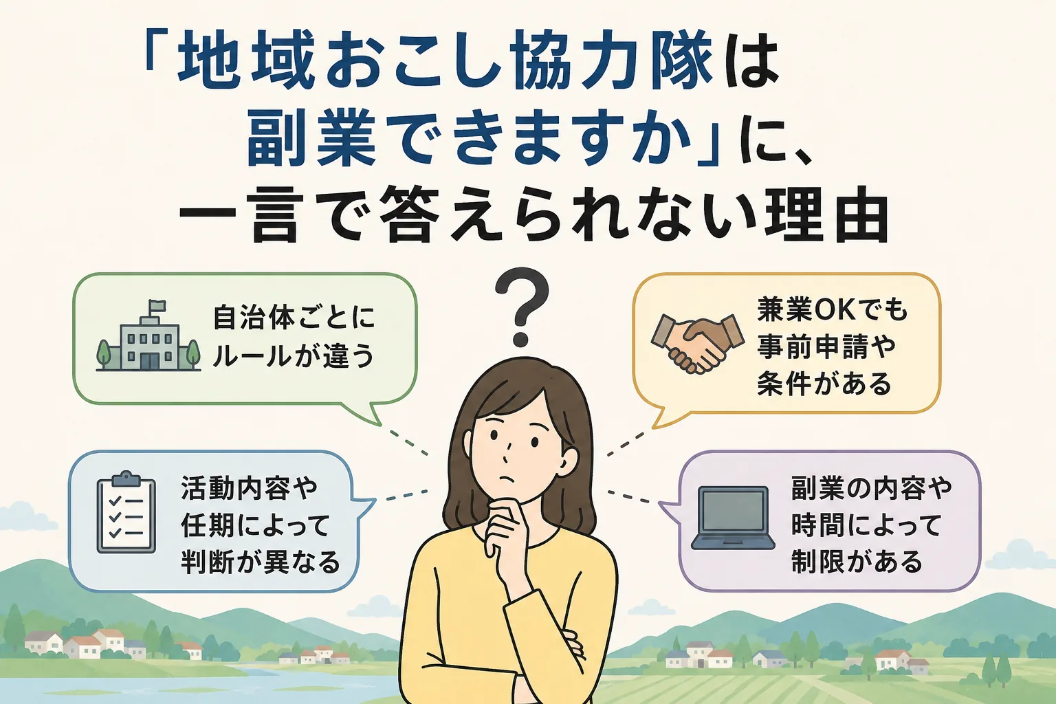 「地域おこし協力隊は副業できますか」に一言で答えられない理由を示した図。自治体ごとにルールが違うこと、兼業が認められる場合でも事前の申請や条件があること、活動内容や任期によって判断が変わること、副業の内容や時間による制限があることの4点を挙げている