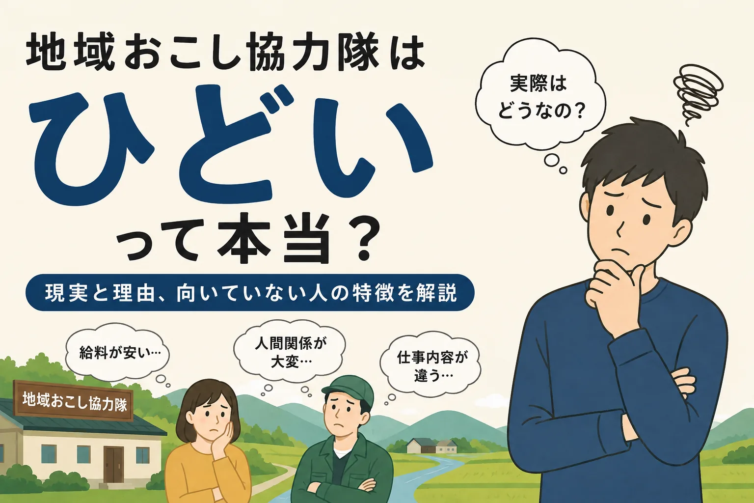 地域おこし協力隊は「ひどい」と言われるが本当か、現実と理由、向いていない人の特徴を解説することを示した図。給料が安い、人間関係が大変、仕事内容が違うという3つの声を吹き出しで並べ、それを聞いて考え込む人を描いている