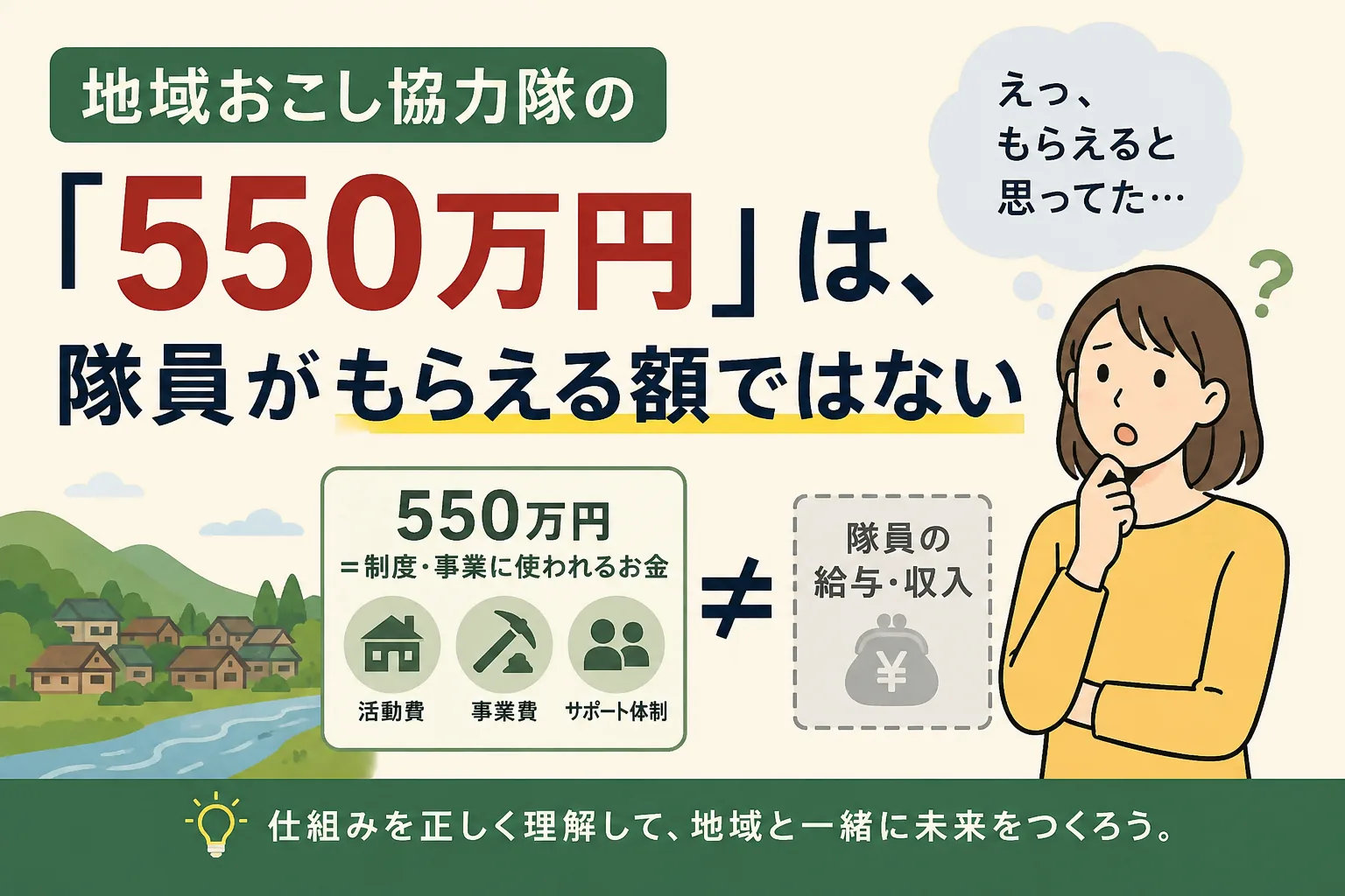 地域おこし協力隊の550万円は隊員が受け取る額ではないことを示した図。550万円は活動費・事業費・サポート体制に使われる制度上の枠であり、隊員の給与や収入とは別のものだと対比している