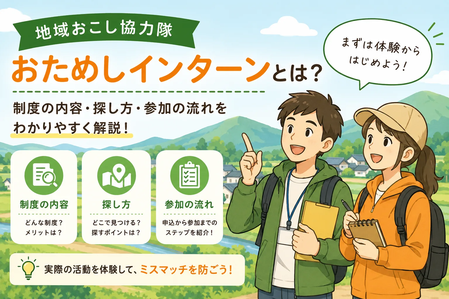 おためし地域おこし協力隊とインターンの制度を解説することを示した図。制度の内容、探し方、参加の流れの3つを並べ、実際の活動を体験してミスマッチを防ごうと呼びかけている。田園を背景に、バッグと筆記用具を持った2人が立っている
