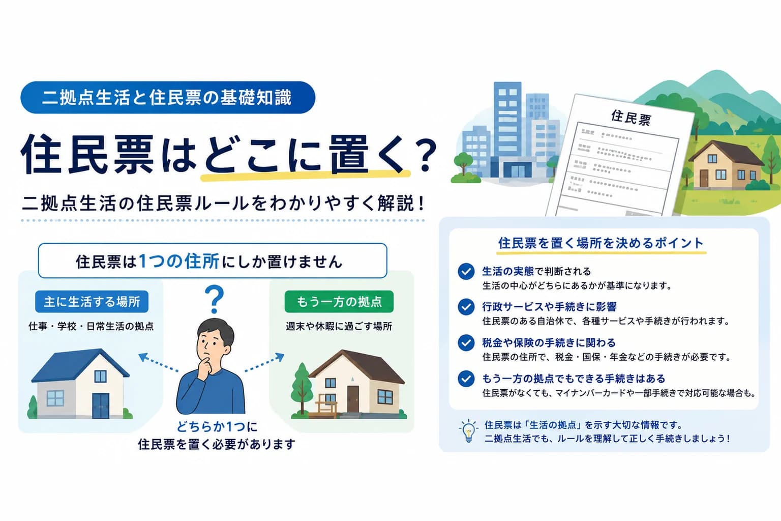 二拠点生活で住民票をどこに置くかを解説することを示した図。住民票は1つの住所にしか置けないと大きく示し、仕事・学校・日常生活の拠点である「主に生活する場所」と、週末や休暇に過ごす「もう一方の拠点」のどちらか1つを選ぶ必要があると、2軒の家のあいだで考え込む人の絵で表している。決めるポイントとして、生活の実態で判断される、行政サービスや手続きに影響、税金や保険の手続きに関わる、もう一方の拠点でもできる手続きはある、の4つを並べている