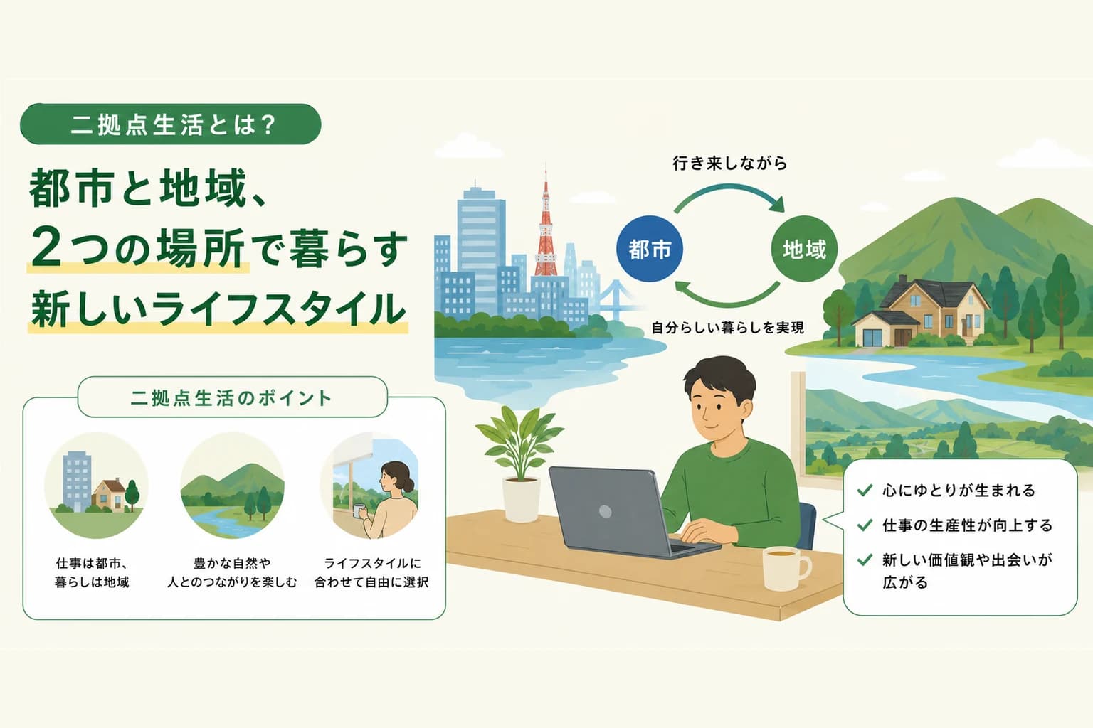 二拠点生活とは何かを示した図。都市と地域の2つの場所で暮らす新しいライフスタイルだと説明し、都市と地域を矢印が行き来する図に「行き来しながら自分らしい暮らしを実現」と添えている。二拠点生活のポイントとして、仕事は都市で暮らしは地域、豊かな自然や人とのつながりを楽しむ、ライフスタイルに合わせて自由に選択の3つを並べ、心にゆとりが生まれる・仕事の生産性が向上する・新しい価値観や出会いが広がるという効果を挙げている。窓の外に川と山が見える部屋で、机に向かって仕事をする人を描いている