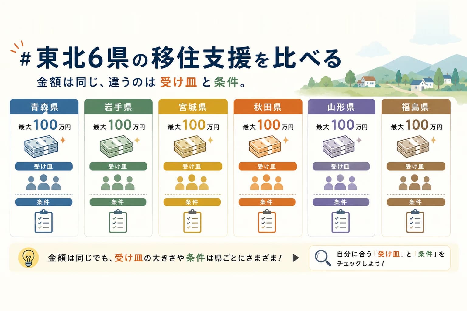 東北6県の移住支援を比べた図。青森県・岩手県・宮城県・秋田県・山形県・福島県の6県を横に並べ、いずれも移住支援金が最大100万円で金額は同じだと示している。そのうえで各県に「受け皿」と「条件」の欄を置き、金額は同じでも受け皿の大きさや条件は県ごとに違うため、自分に合う受け皿と条件を確かめる必要があると伝えている